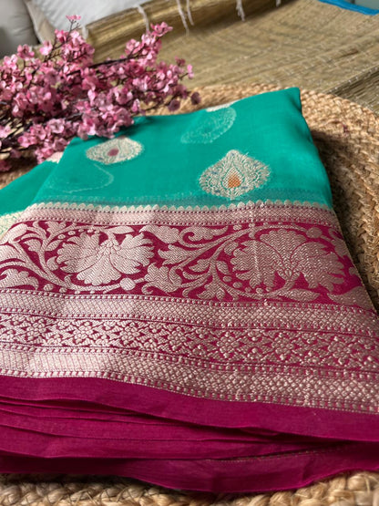 Banarasi Sea Green Organza Saree Meena Contrast Border